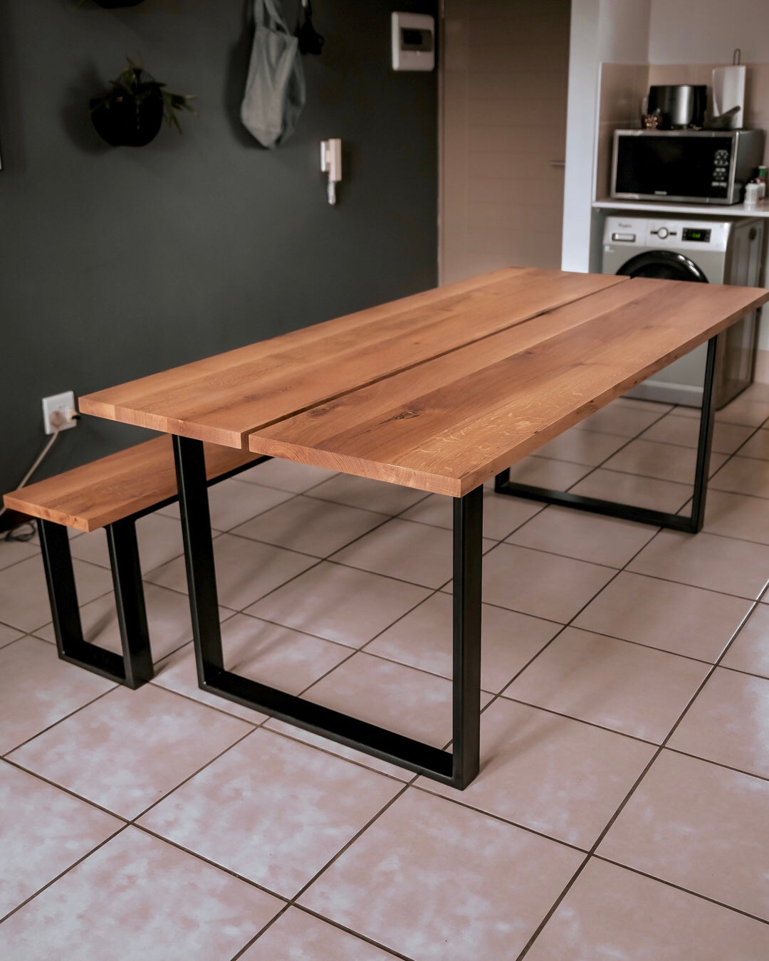 Split Block Table Split Top Table and Bench Combo in Solid 32mm Oak – Bark & Steel